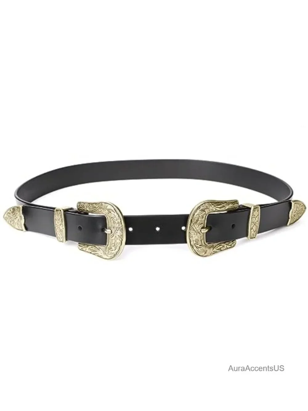 Western Double Buckle Faux Leather Belt for Women Cowgirl Country Vintage Waist